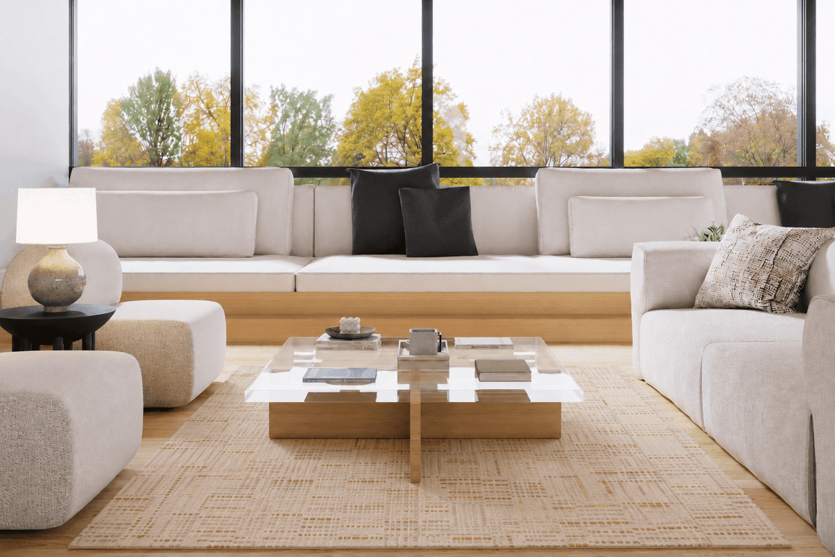 CROSSHATCH SANDY BRASS installed in a minimalist living room
