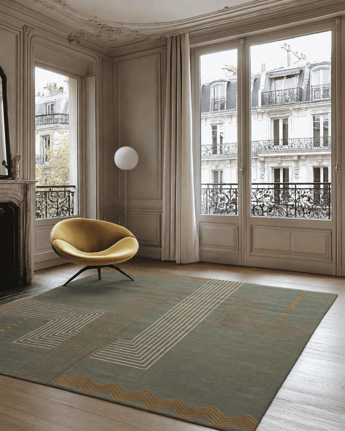 DORIS AQUAMARINE OCHRE installation in elegan Parisian living room