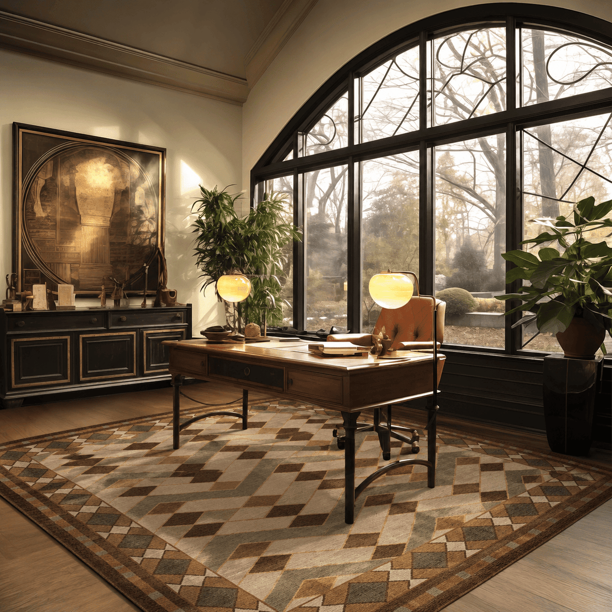 Geo Facet Natural Umber installed in warm vintage home office retreat