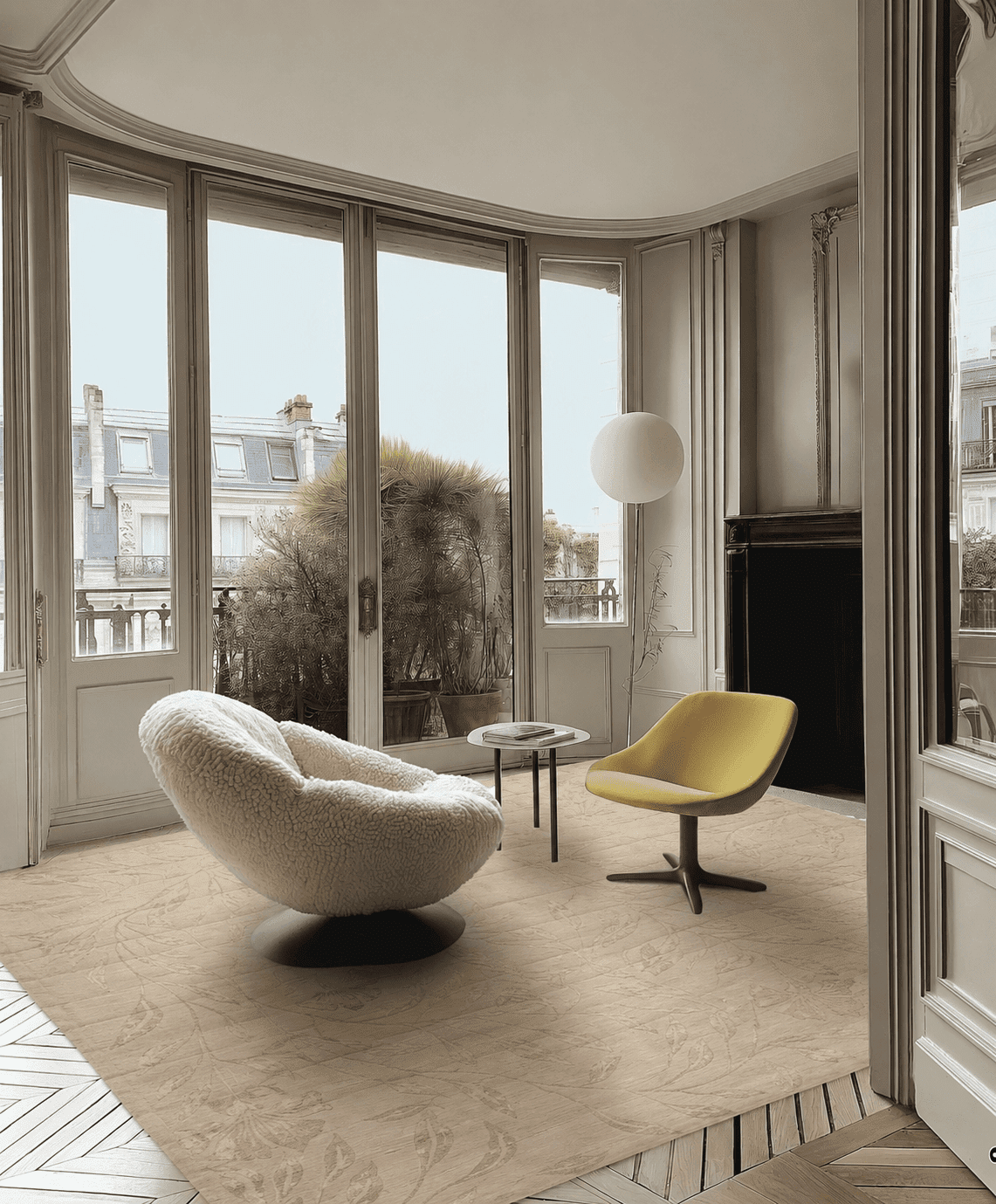 JARDIN WHISPER OPALINE installation in Elegant Parisian living room with natural light