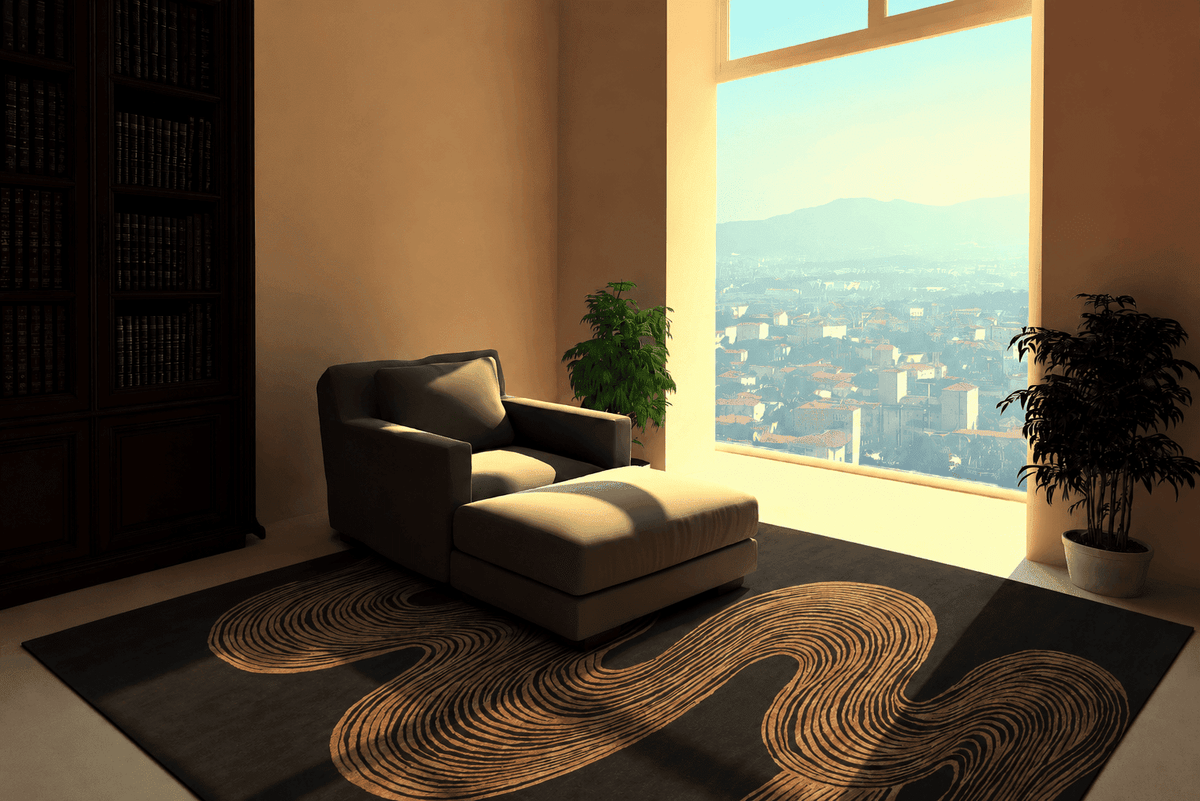 SMOKESCREEN BLACK GOLD installation in a sunlit modern reading nook with city view