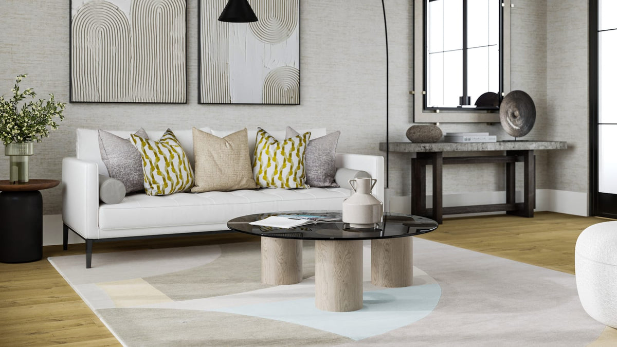Turnstile Grey rug placed under a modern sofa room-image