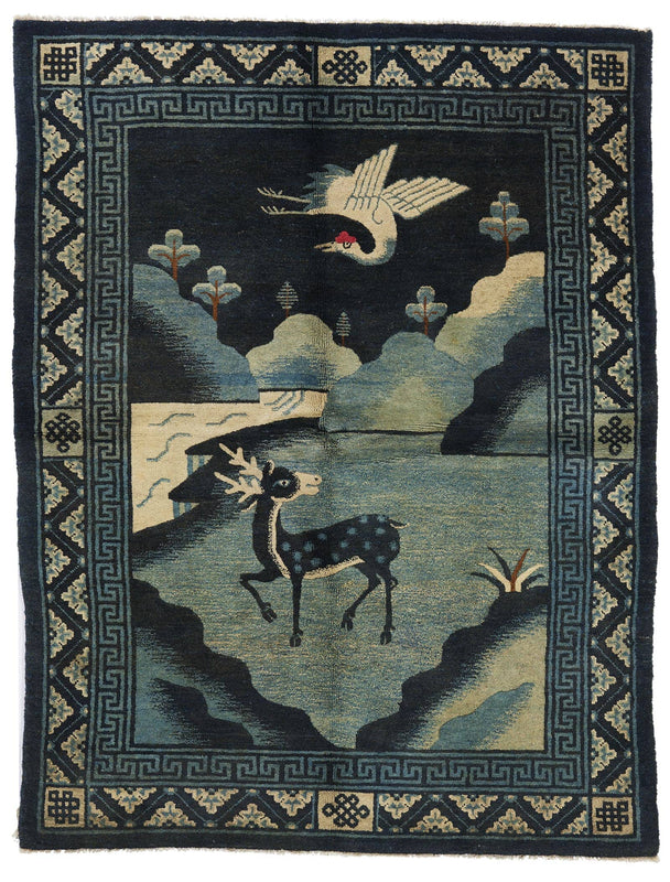 ANTIQUE CHINESE PAO TAO BLUE, DEER AND CRANE 2' 0'' x 4' 0''