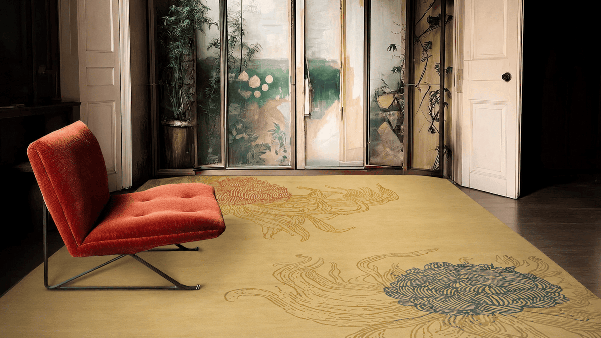 CHRYSANTHEMUM TUMBLE INDIGO RUST installation in a serene lounge area
