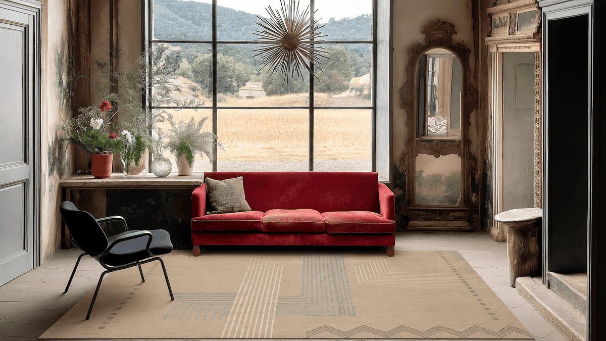 DORIS WHITE TEAL installation in an elegant rustic sitting room with countryside view