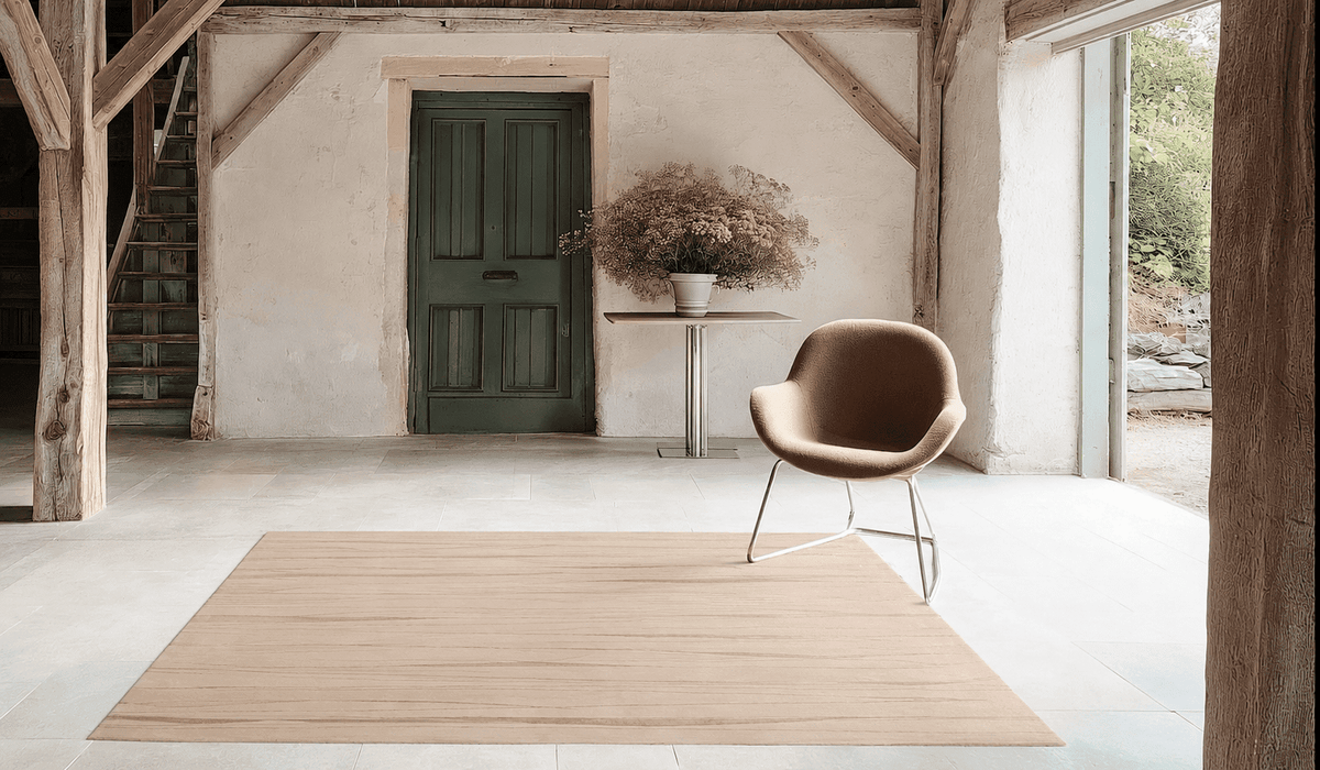 RIDGELINE DUSTY BEIGE installed in a rustic-modern farmhouse entryway interior