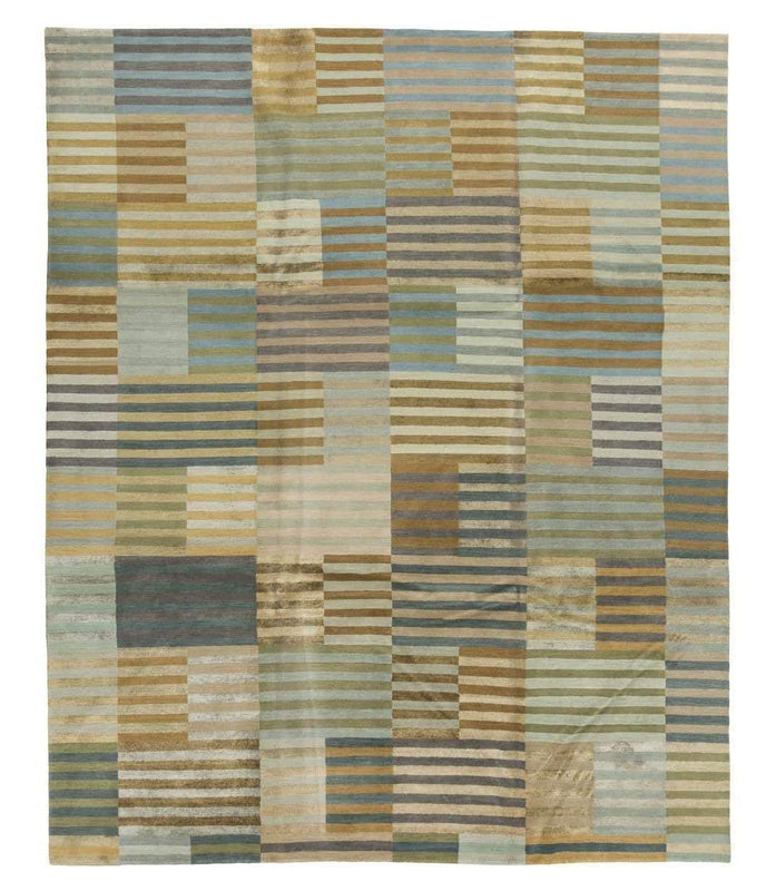 TUFENKIAN HAND KNOTTED TIBETAN RUG, SHAKTI, BLUE AND BROWN STRIPED