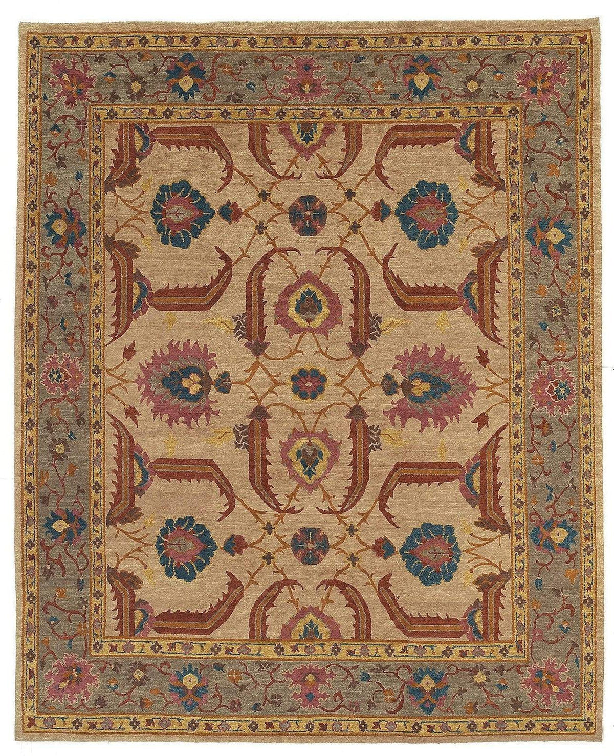 A hand-knotted beige Tibetan Kotana weave rug with floral and geometric patterns, featuring a plush pile.