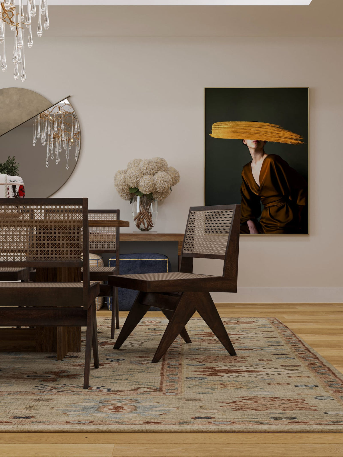 Van Light Sage hand knotted area rug installation luxury dining room-image